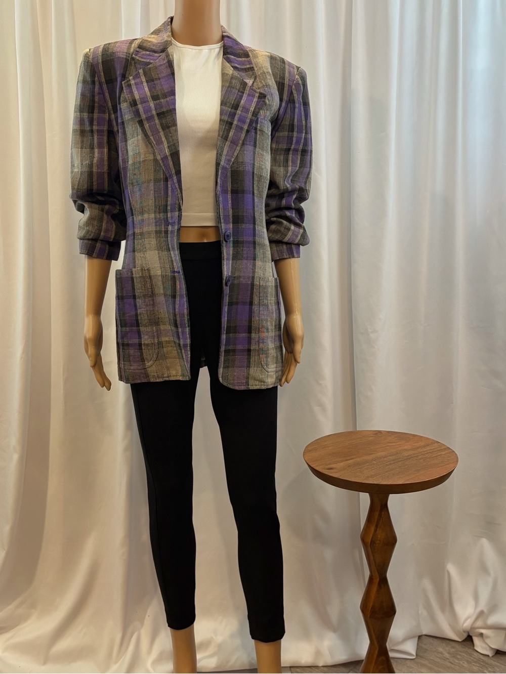True VTG Mondi West Germany Pure Linen Plaid Blazer Jacket Size 34 (US Small/4)